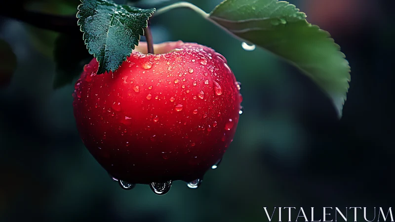 Red apple with water droplets hanging from green leaves.