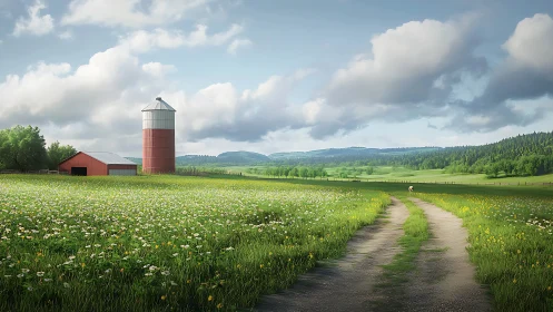 Rural farm landscape shows silo, barn, meadow and dirt road