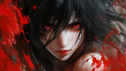 Digital painting portrait with intense red-eyed anime character.