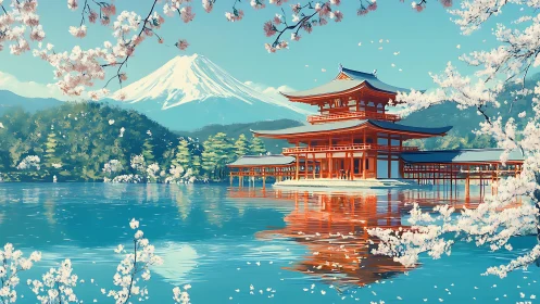 Cherry blossom temple dreaming beneath a quiet snow peak.