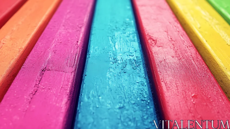 Macro closeup of wet multicolored painted wooden planks aligned