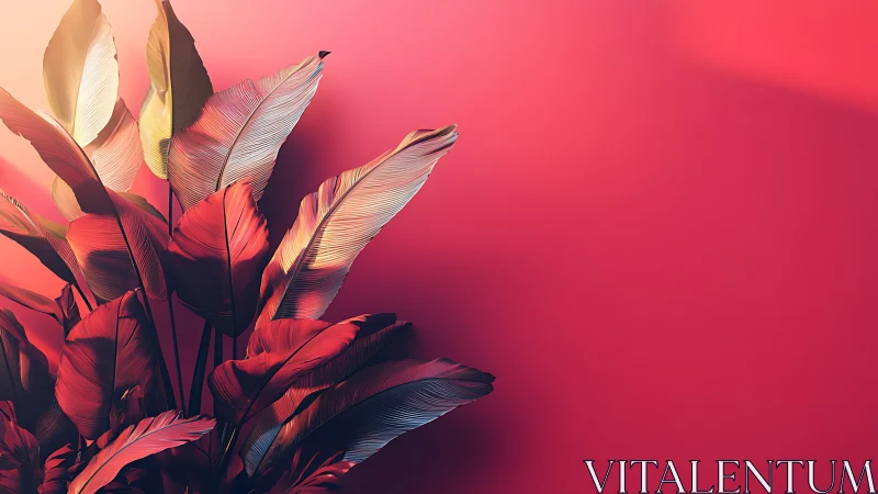 Crimson banana leaves lean into luminous coral silence