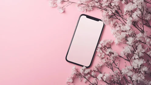 Smartphone with Blank Display on Pink Botanical Surface Arrangement