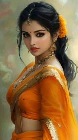 Digital portrait of woman in saffron saree with gold jewelry