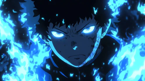 Anime boy with glowing blue flames and intense focused stare