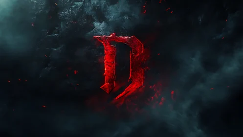 Molten crimson letter D in swirling dark smoke field.