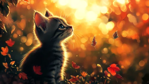 Striped kitten observing scene amid autumn foliage.
