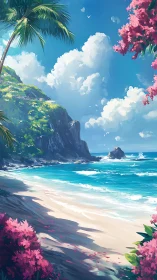 Tropical Beach Cove with Pink Flowers and Ocean Cliffs