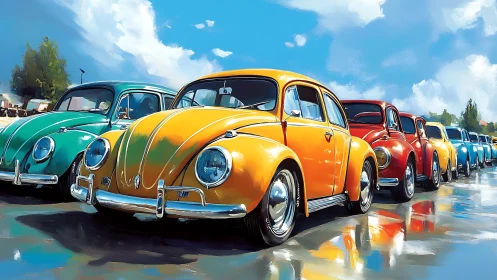 Sunlit classic beetles in vibrant chromatic procession.