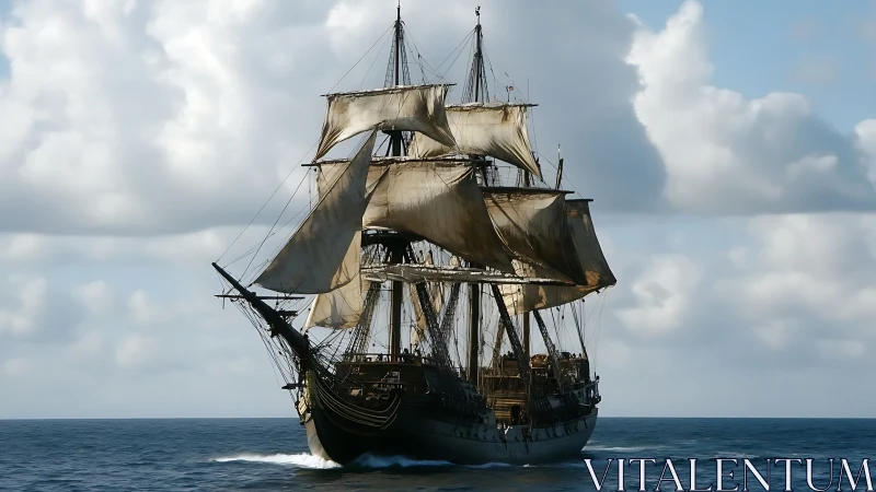 Square-rigged wooden tall ship under full sail on open sea