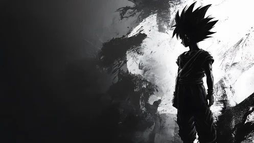 Silhouetted anime boy stands against abstract ink background