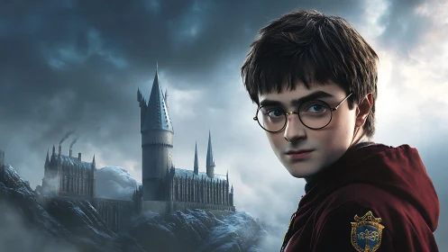 Young robed figure stands before large castle in mist