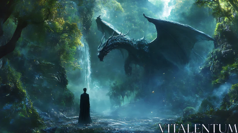 Dark robed figure confronting emerald dragon in misty forest.