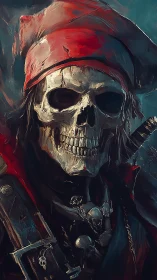 Grim skeletal pirate captain in red bandana portrait.