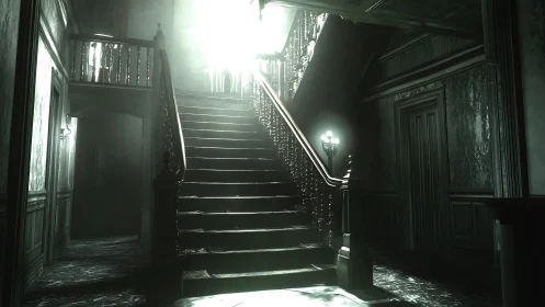 Haunted mansion staircase under harsh spectral backlight.