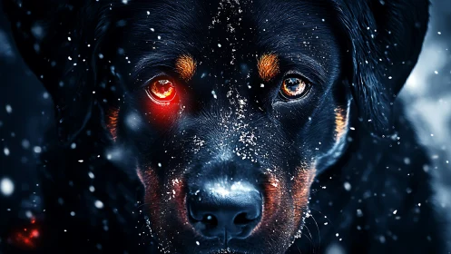 Cyber-eyed Rottweiler stares through swirling winter snow.