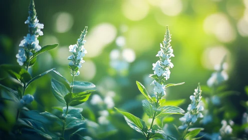 Small white flowers in sunlight with soft background blur.