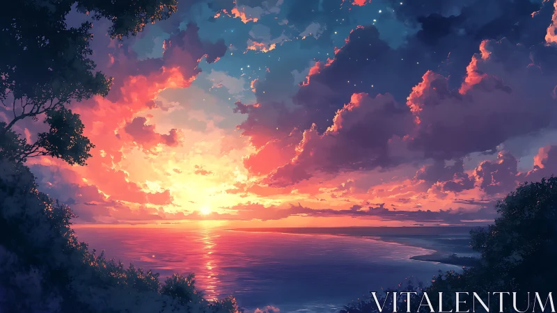 Radiant coastal sunset with luminous clouds and reflective sea
