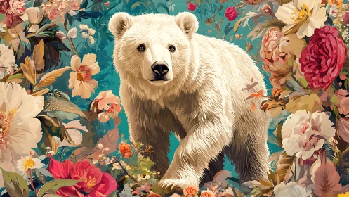 White bear in dense floral frame against teal botanical backdrop.