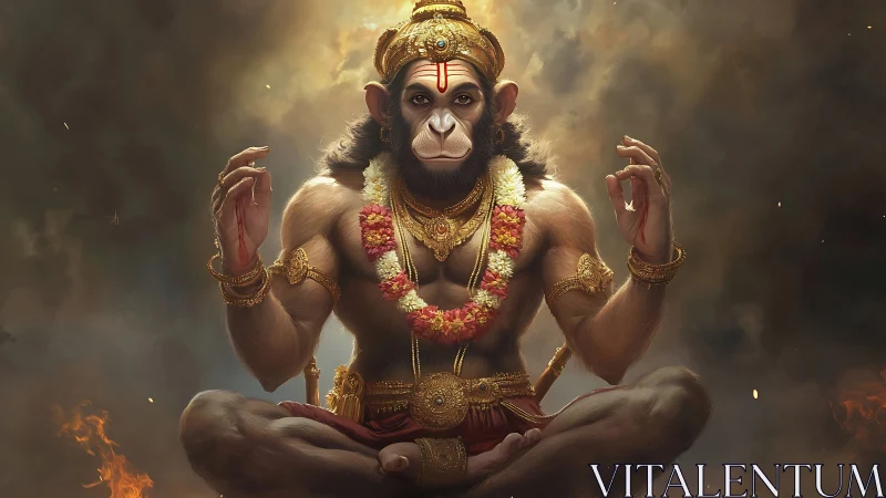 Meditating Hanuman glows amid stormy divine clouds.