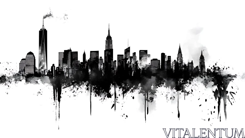 Monochrome city skyline emerges from bold ink splashes.