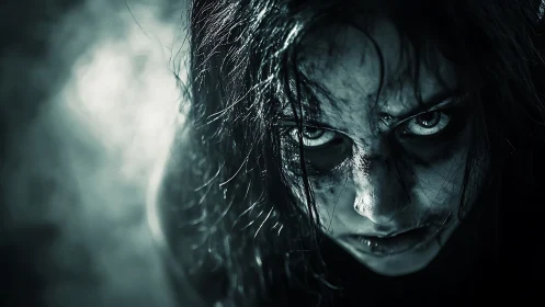 Low-key horror portrait with intense upward gaze and grime.