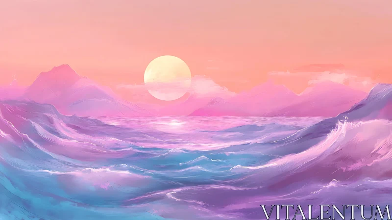 Pastel ocean waves roll toward glowing sunlit horizon