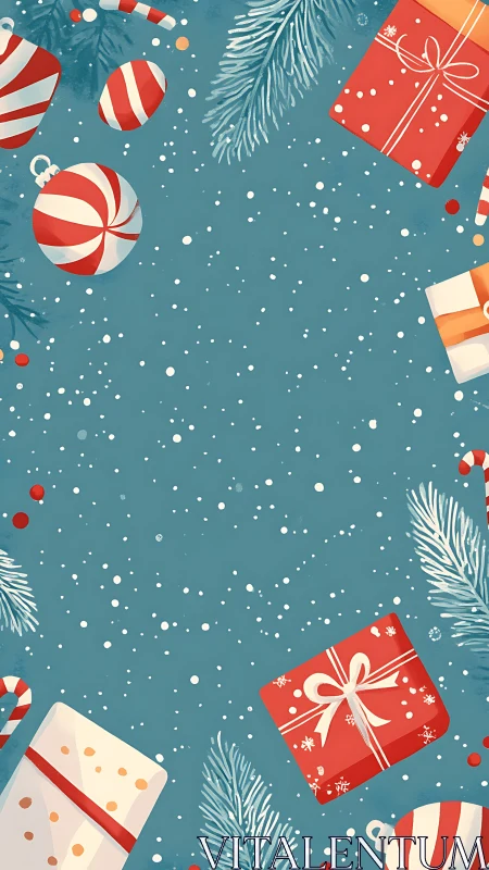 Festive teal backdrop with red gifts and ornaments border.