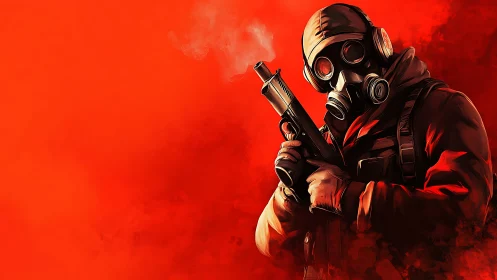 Gas mask soldier with shotgun in red smoke field.