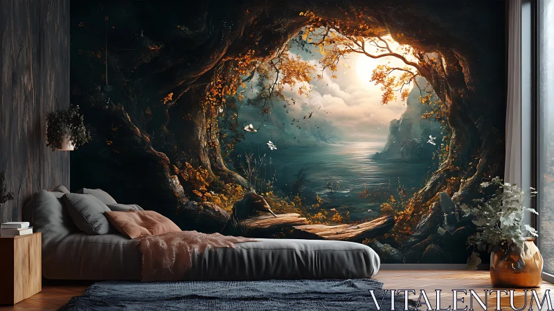 Bedroom with large fantasy forest lake mural wall art.