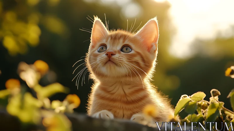 Orange tabby kitten looks upward in sunlit garden setting