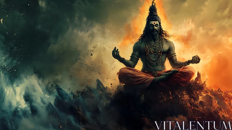 Meditating blue-skinned deity amid opposing fiery clouds.