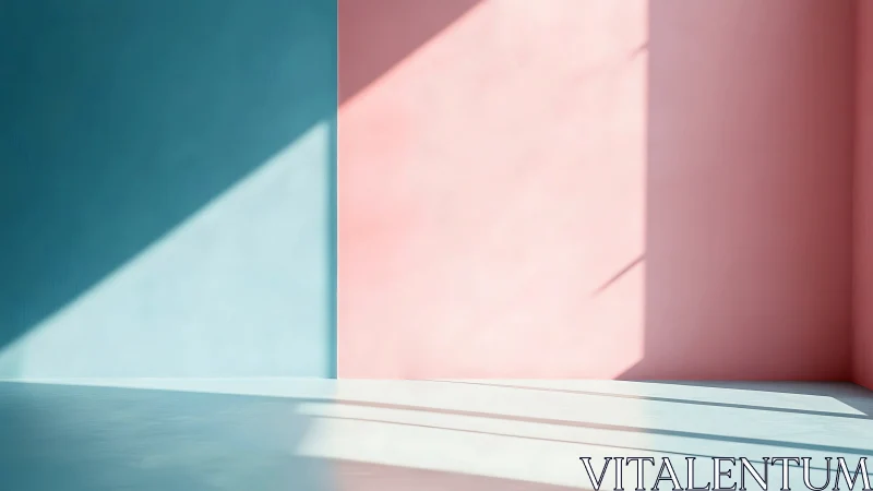 Minimalist pastel room with sharp diagonal sunlight geometry.