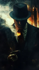 Shadowed mobster stands in smoky firelit alley at night