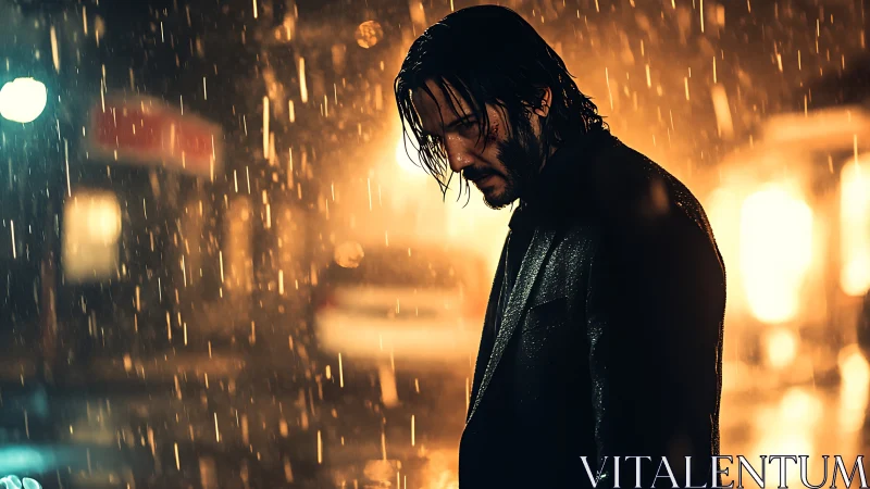 Brooding man in neon city rain glows against blurred lights.