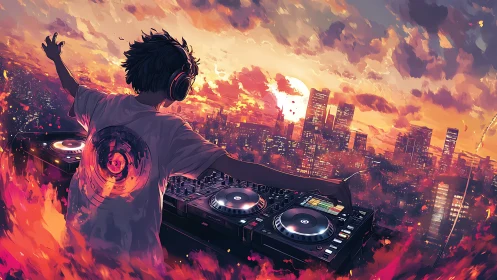 DJ performing above city skyline at vivid sunset.