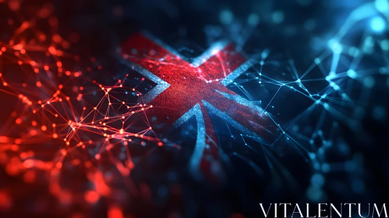 Futuristic UK Flag with Digital Network and Neon Light Effects.
