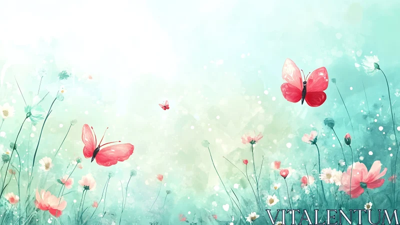 Red butterflies move above stylized meadow flowers