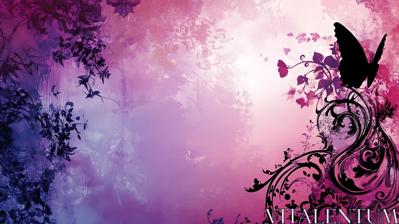 Silhouette butterfly overlaps floral vectors on gradient field