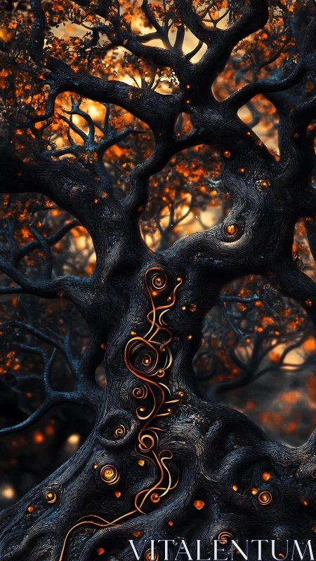 Twisted ember-tree hums softly with swirling golden veins