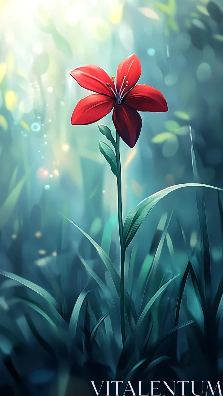 Solitary red flower glows softly in a dreamy forest haze