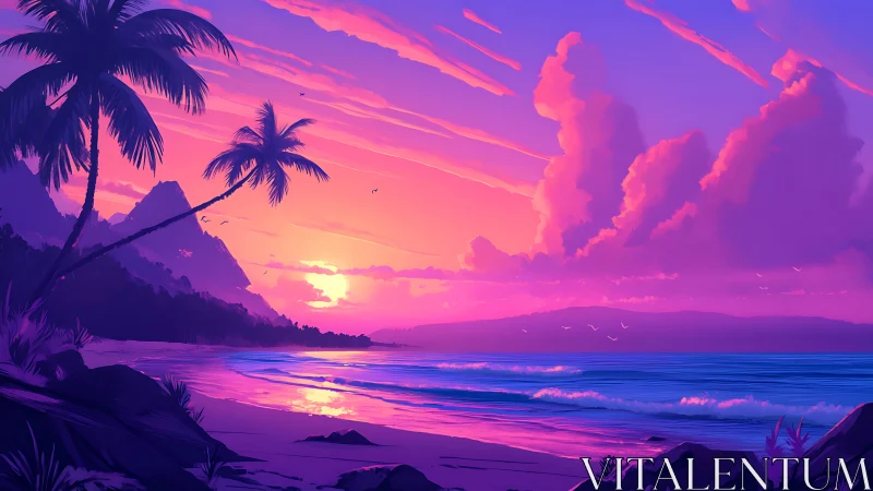 Coastal shoreline with palm trees at colorful sunset.