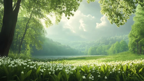 Sunlit forest lakeside welcomes a calm field of blossoms