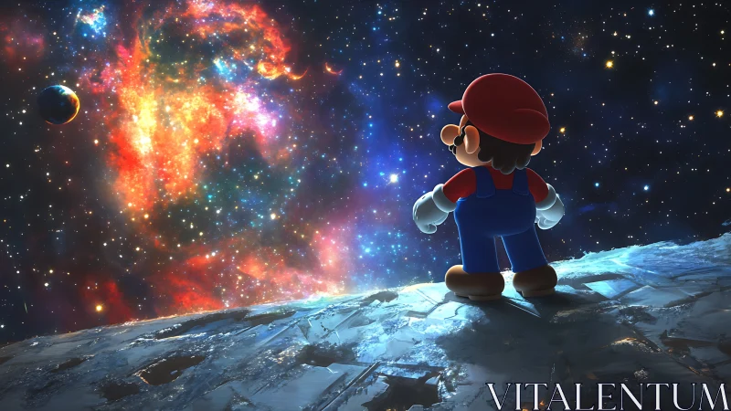 Cosmic platformer avatar surveying nebular starfield horizon.