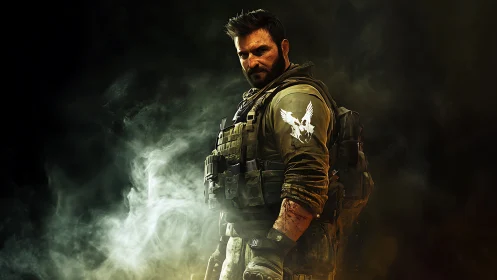 Tactical game soldier in combat gear against smoky backdrop.