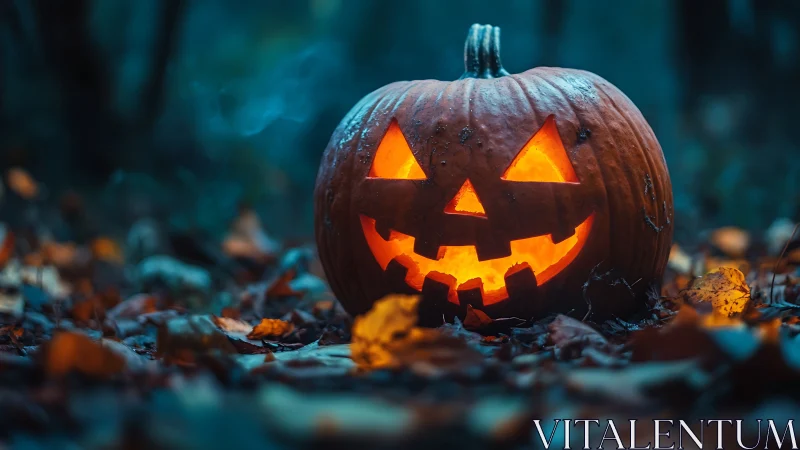 Glowing jack o lantern resting in eerie forest dusk.