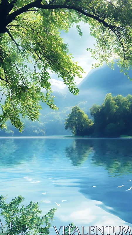 Lakeside daydream beneath emerald boughs and misty peaks.