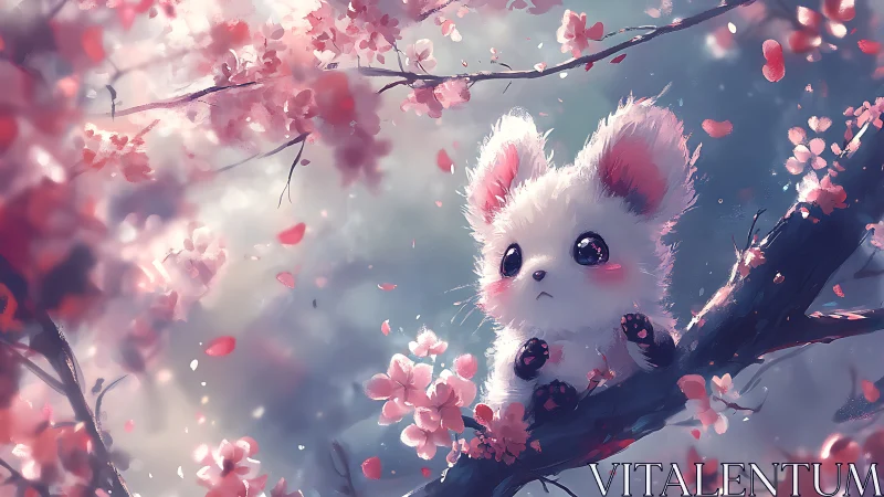 Fluffy chibi creature gazes dreamily amid soft sakura bloom
