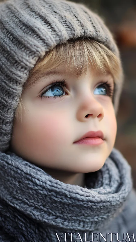 Sweet child with bright blue eyes enjoys a cozy winter moment