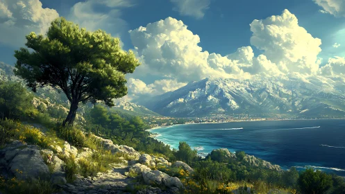 Coastal mountain landscape shows bay, town, and cloud formations